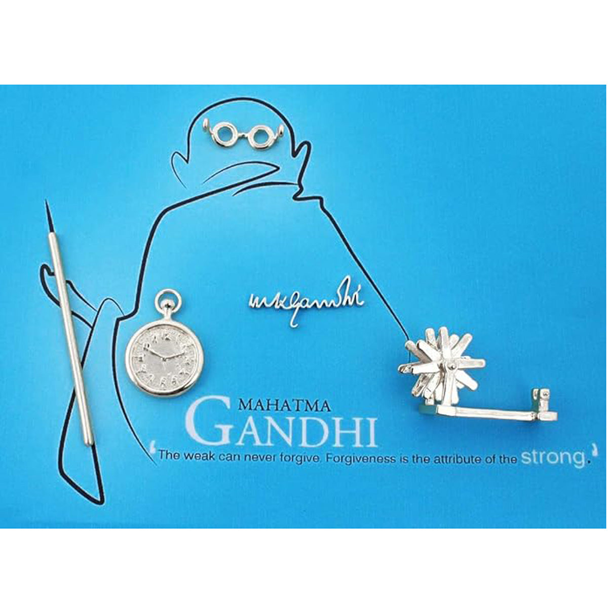925 Sterling Silver Smriti Of National Father Of India Gandhi Ji Chakra, chashma, laathi, watch and signature