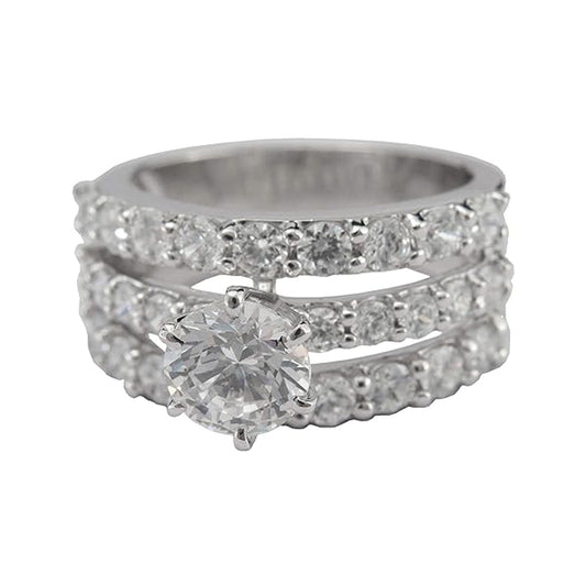 925 Sterling Silver Three Stone Studded Line With Single Swarovski Stone Cockatil Ring For Girls And Women