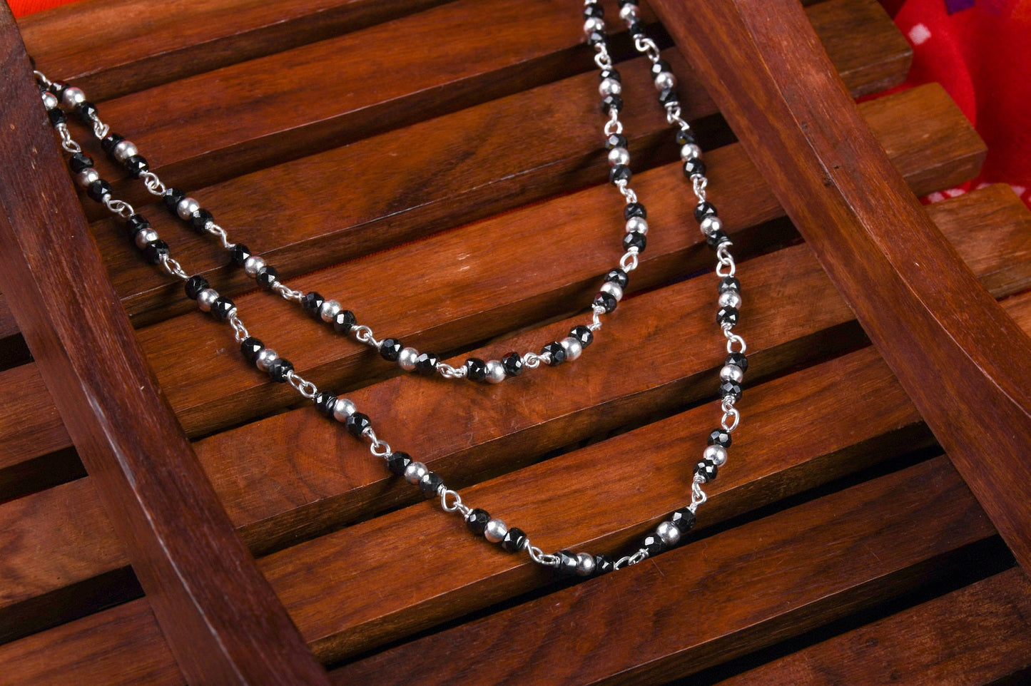 Silver Anklet With Black Beads (Pair)