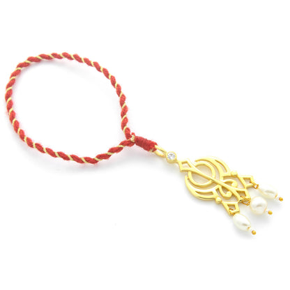 925 Sterling Silver 24kt Gold Plated Khanda With 3 Pearl Lumba Rakhi for Bhabhi