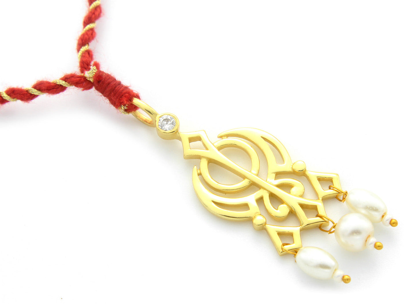 925 Sterling Silver 24kt Gold Plated Khanda With 3 Pearl Lumba Rakhi for Bhabhi