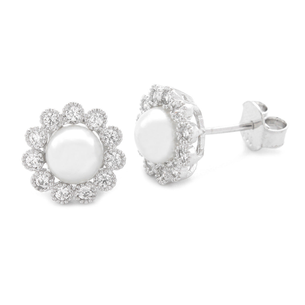 925 Sterling Silver Single Pearl Flower Shape With Stones Studded Earring For Girls And Women