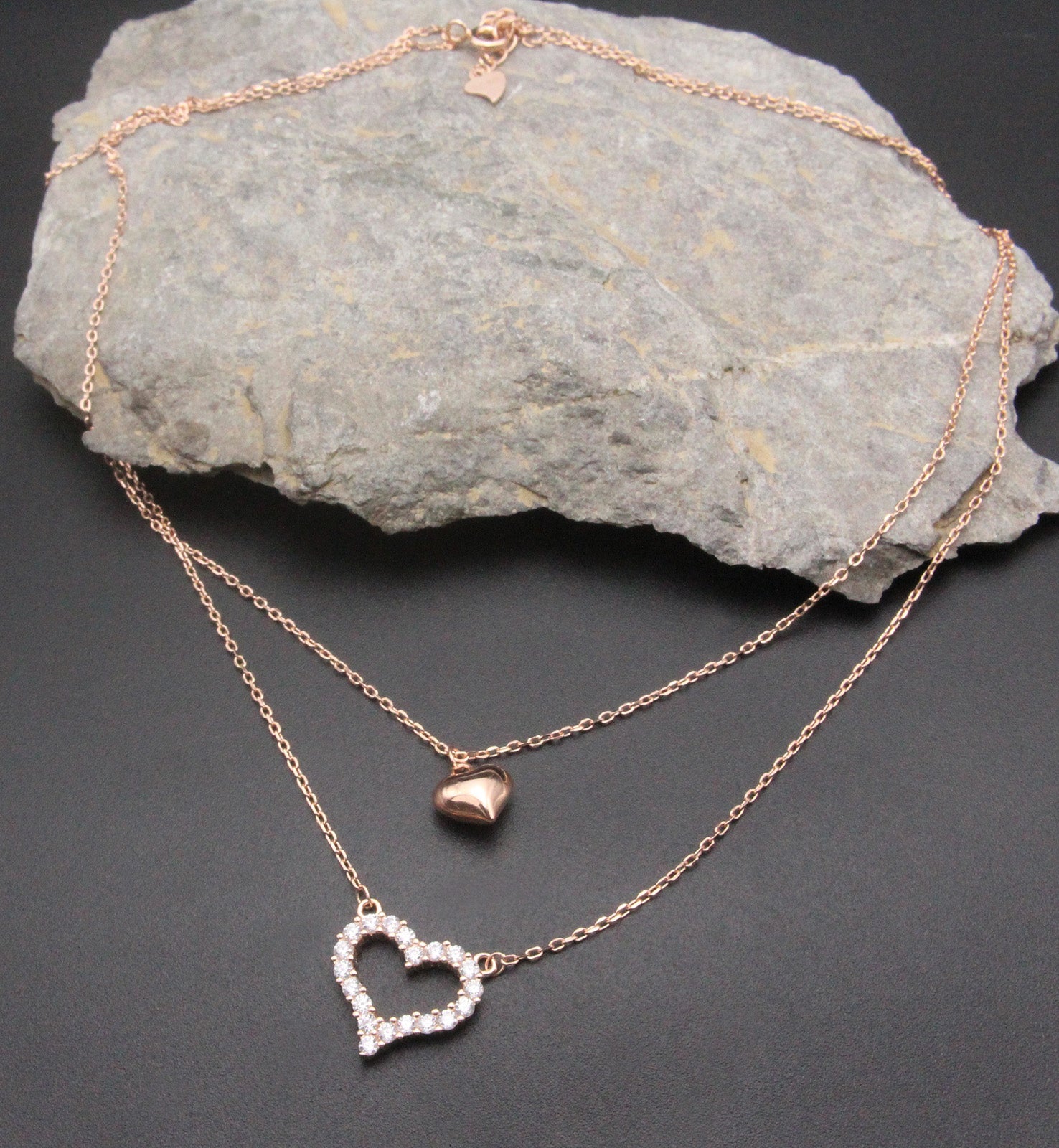 925 Sterling Silver Double Chain Heart Shape Rose Gold Pendant With Chain For Girls And Women