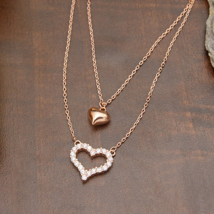 925 Sterling Silver Double Chain Heart Shape Rose Gold Pendant With Chain For Girls And Women