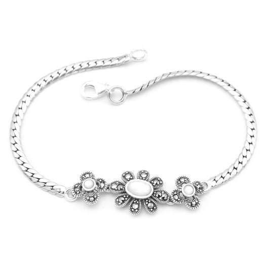 925 Sterling Silver Marcasite Stone Flower Design Bracelet For Girls and Women