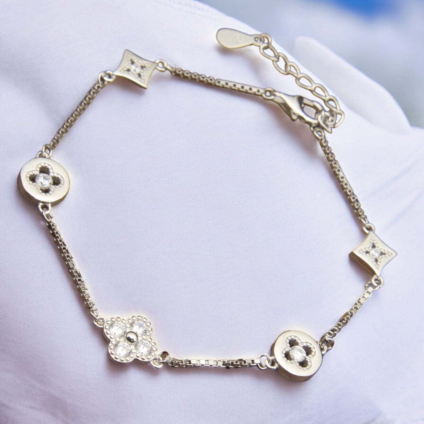 925 Sterling Silver Studded Flower, Square and Circle Bracelet For Girls