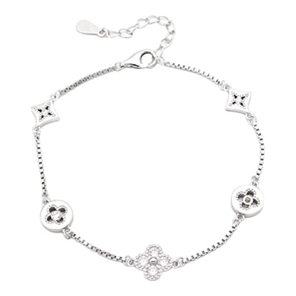 925 Sterling Silver Studded Flower, Square and Circle Bracelet For Girls