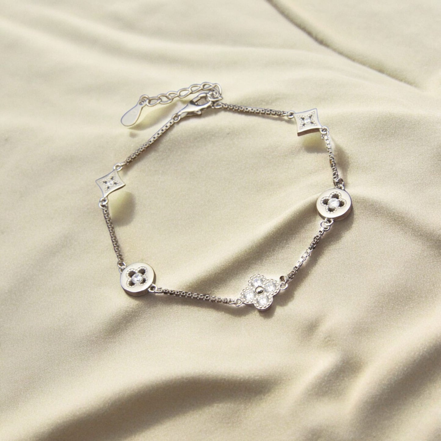 925 Sterling Silver Studded Flower, Square and Circle Bracelet For Girls