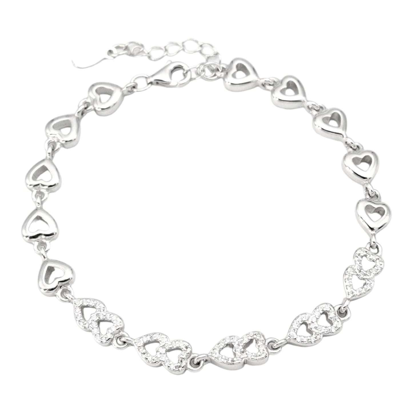 925 Sterling Silver Studded Double Heart Design Bracelet For Girls and Women