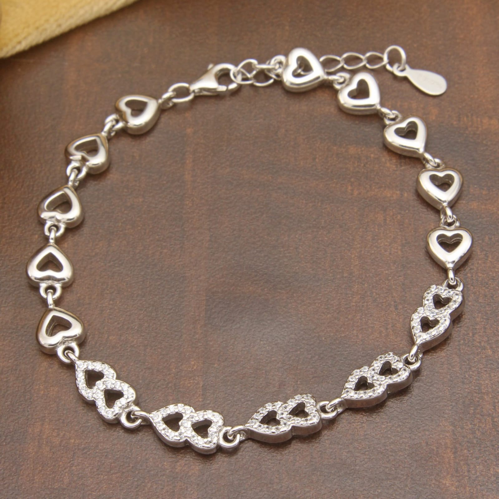 925 Sterling Silver Studded Double Heart Design Bracelet For Girls and Women