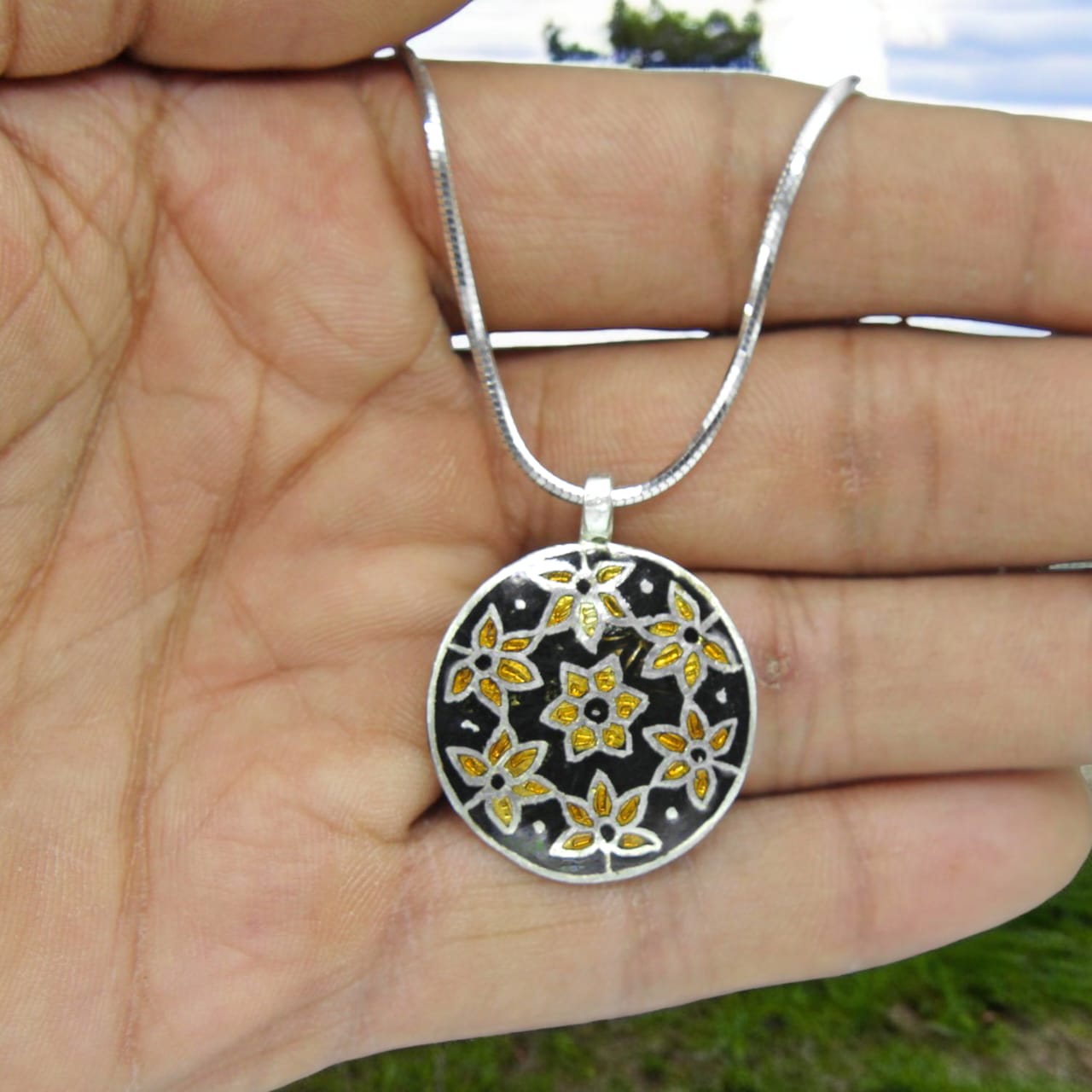 925 Sterling Silver Design Enamel Pendant With Gold Flower For Girls and Women