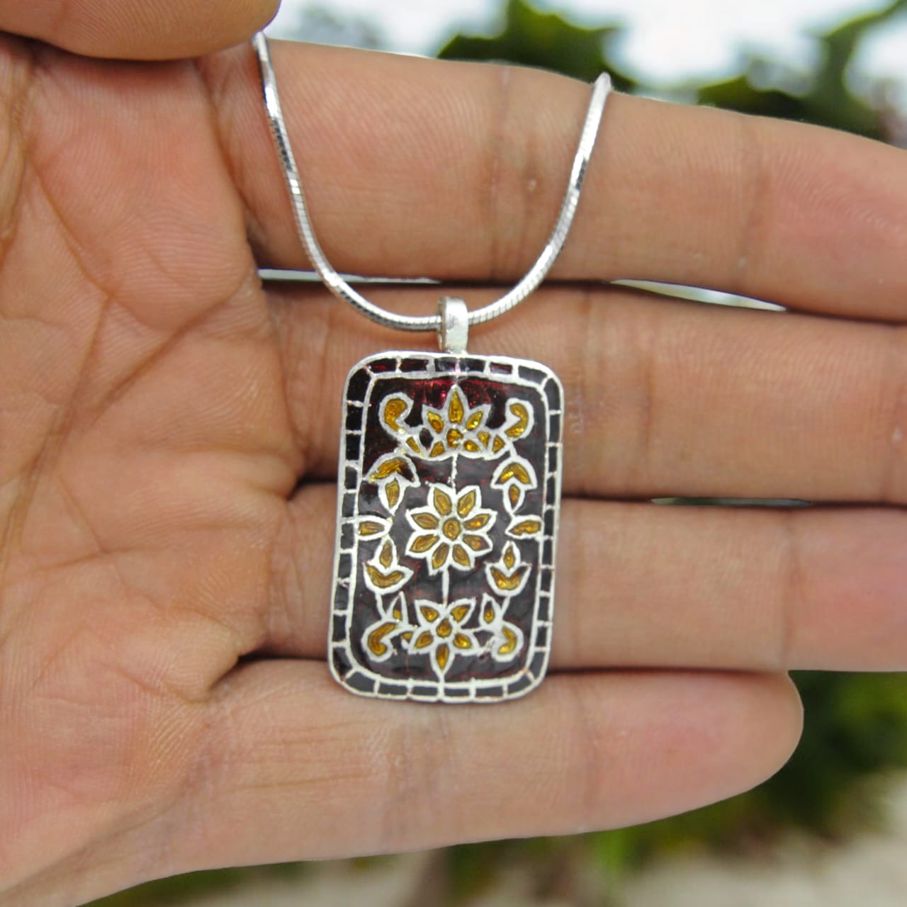 925 Sterling Silver Rectangle Design Enamel Pendant For Girls and Women