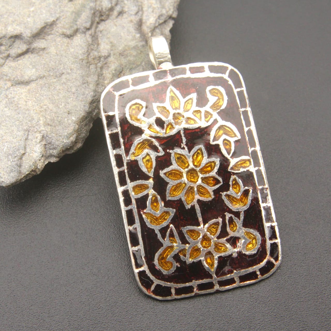 925 Sterling Silver Rectangle Design Enamel Pendant For Girls and Women