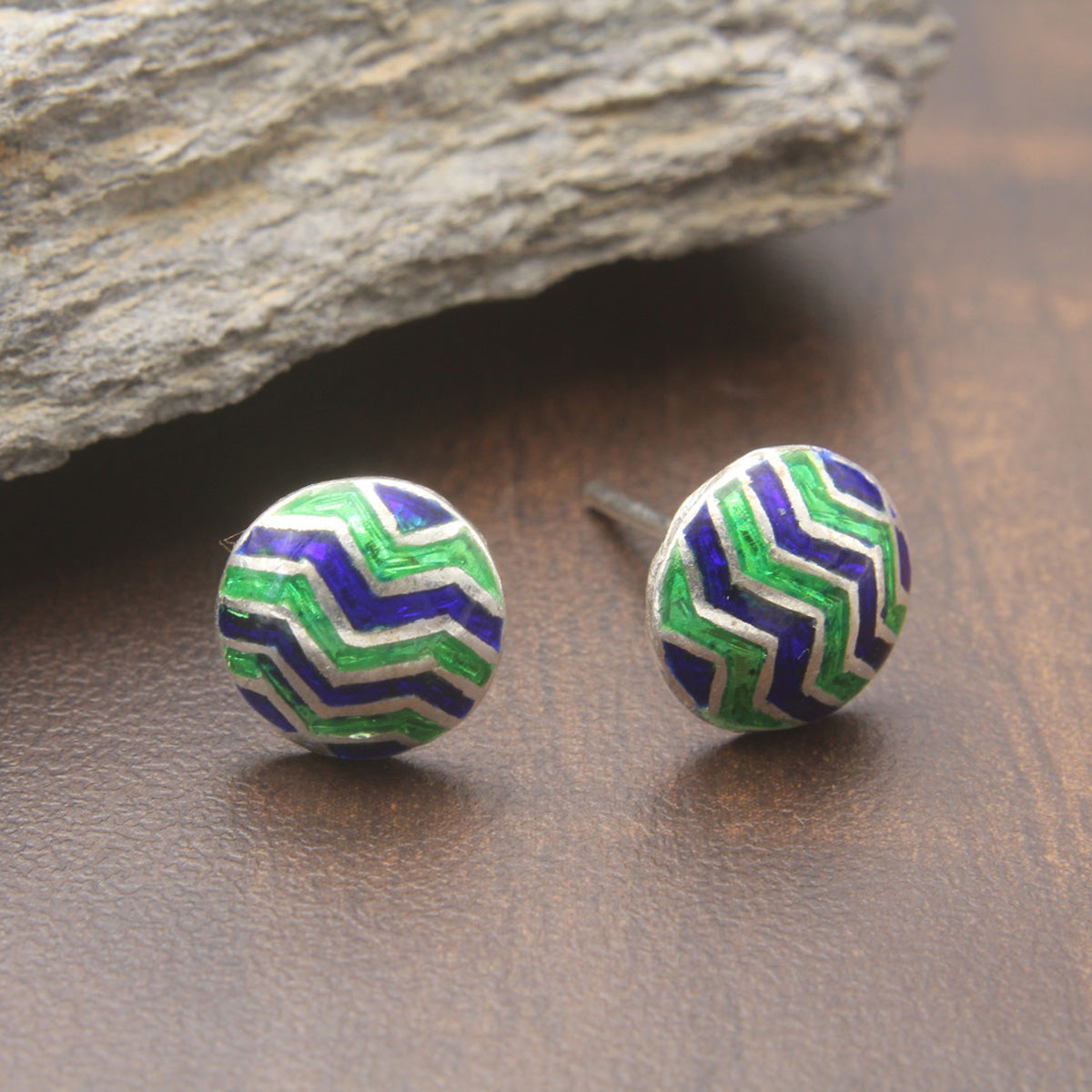 925 Sterling Silver Green And Blue Round Earring studs For Girls And Women