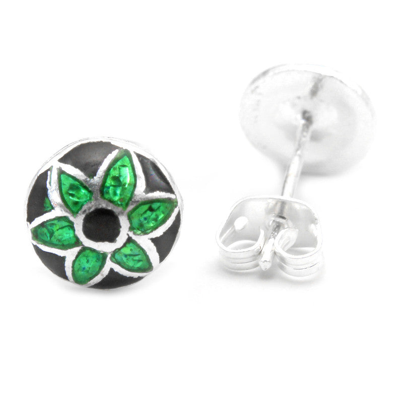 925 Sterling Silver Green And Black Flower Earring Stud For Girls And Women