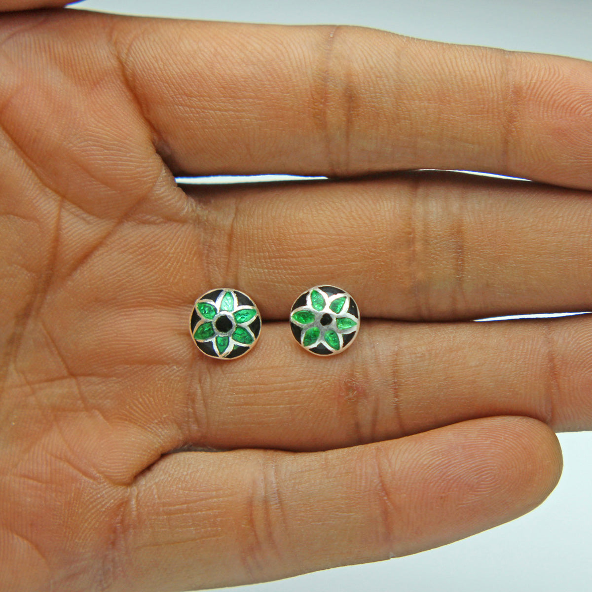 925 Sterling Silver Green And Black Flower Earring Stud For Girls And Women