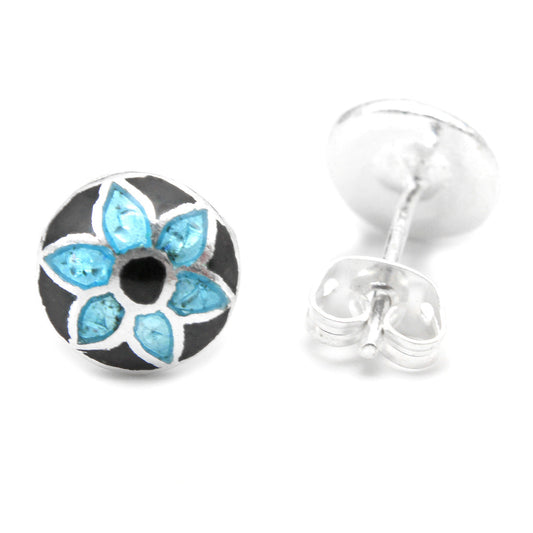 925 Sterling Silver Blue And Black Flower Earring Stud For Girls And Women