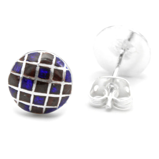 925 Sterling Silver Blue And Black Chess Pattern Earring Stud For Girls And Women