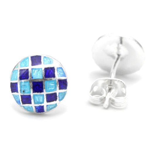 925 Sterling Silver Light Blue And Dark Blue Check Design Earring Stud For Girls And Women