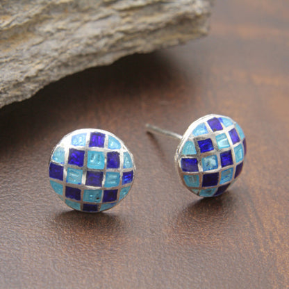 925 Sterling Silver Light Blue And Dark Blue Check Design Earring Stud For Girls And Women