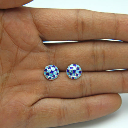 925 Sterling Silver Light Blue And Dark Blue Check Design Earring Stud For Girls And Women