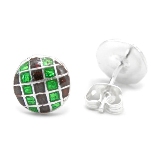 925 Sterling Silver Green And Black Check Design Studs Earring For Girls And Women