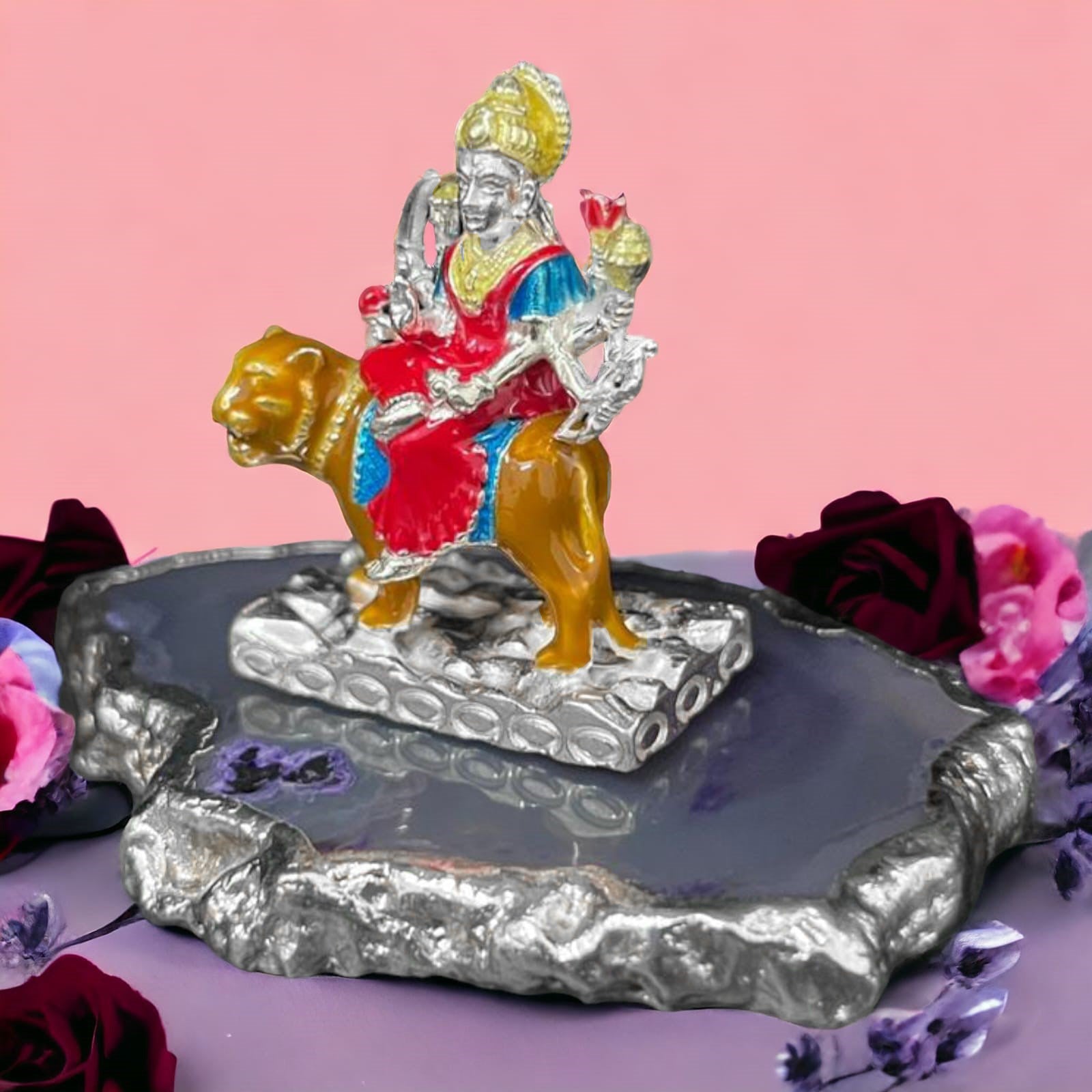 925 Sterling Silver Enamel Maa Durga Sherawali Idol