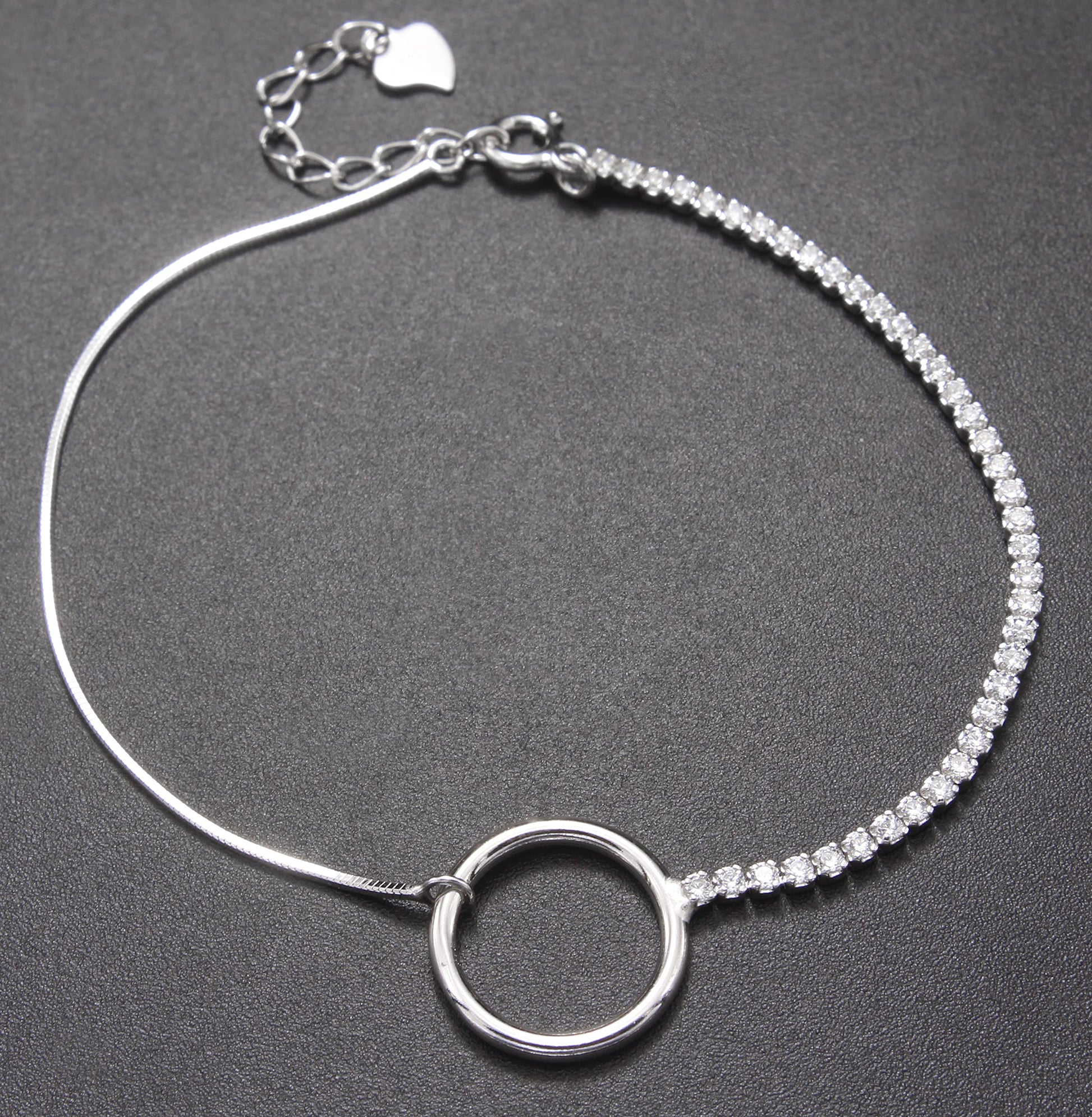 925 Sterling Silver Half Studded And Half Plain Circle Bracelet For Girls and Women