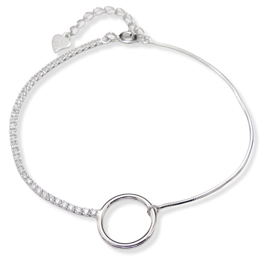 925 Sterling Silver Half Studded And Half Plain Circle Bracelet For Girls and Women