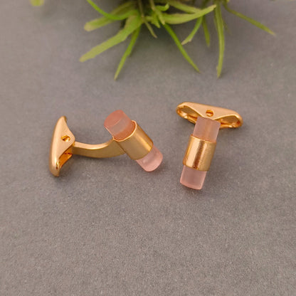 925 Sterling Silver 24kt Gold Plated Pink Cylindrical Shape Cufflinks For Men