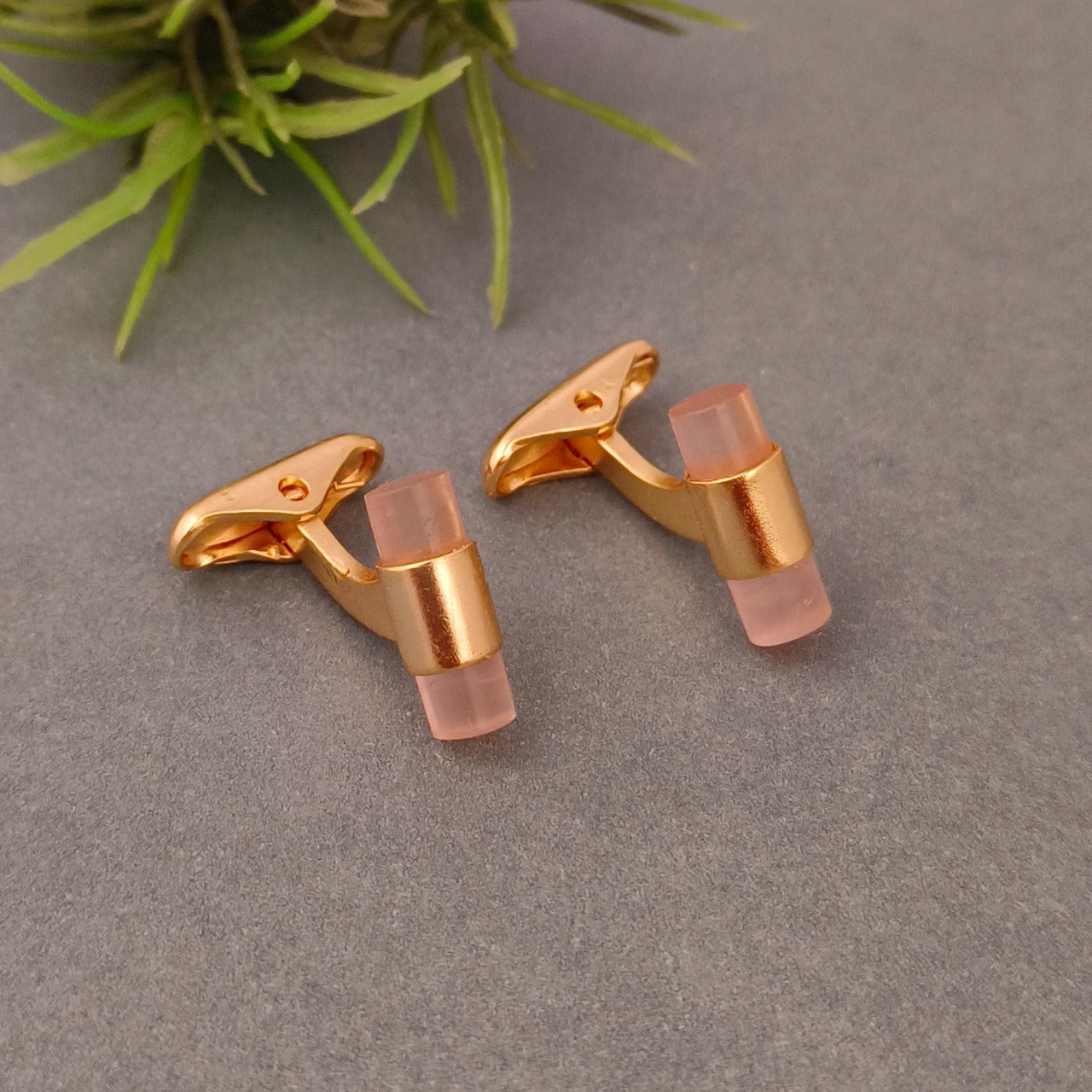 925 Sterling Silver 24kt Gold Plated Pink Cylindrical Shape Cufflinks For Men