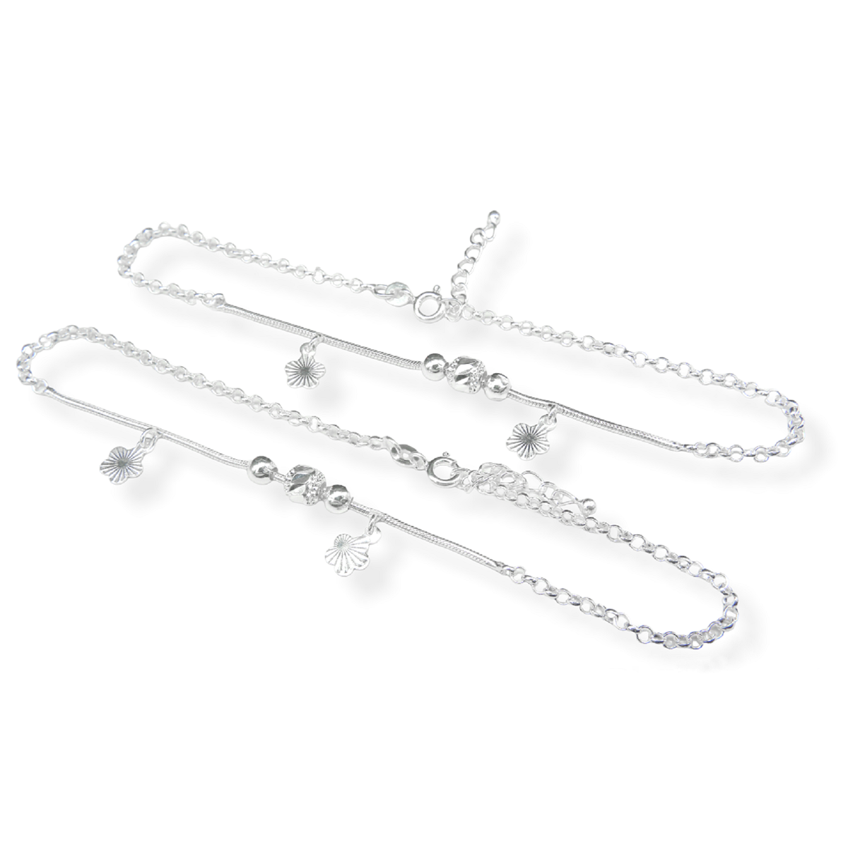 Flower And Ball Design Silver Anklet (Pair)