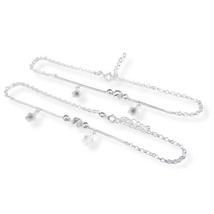 Flower And Ball Design Silver Anklet (Pair)