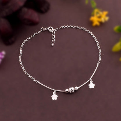 Flower And Ball Design Silver Anklet (Single)