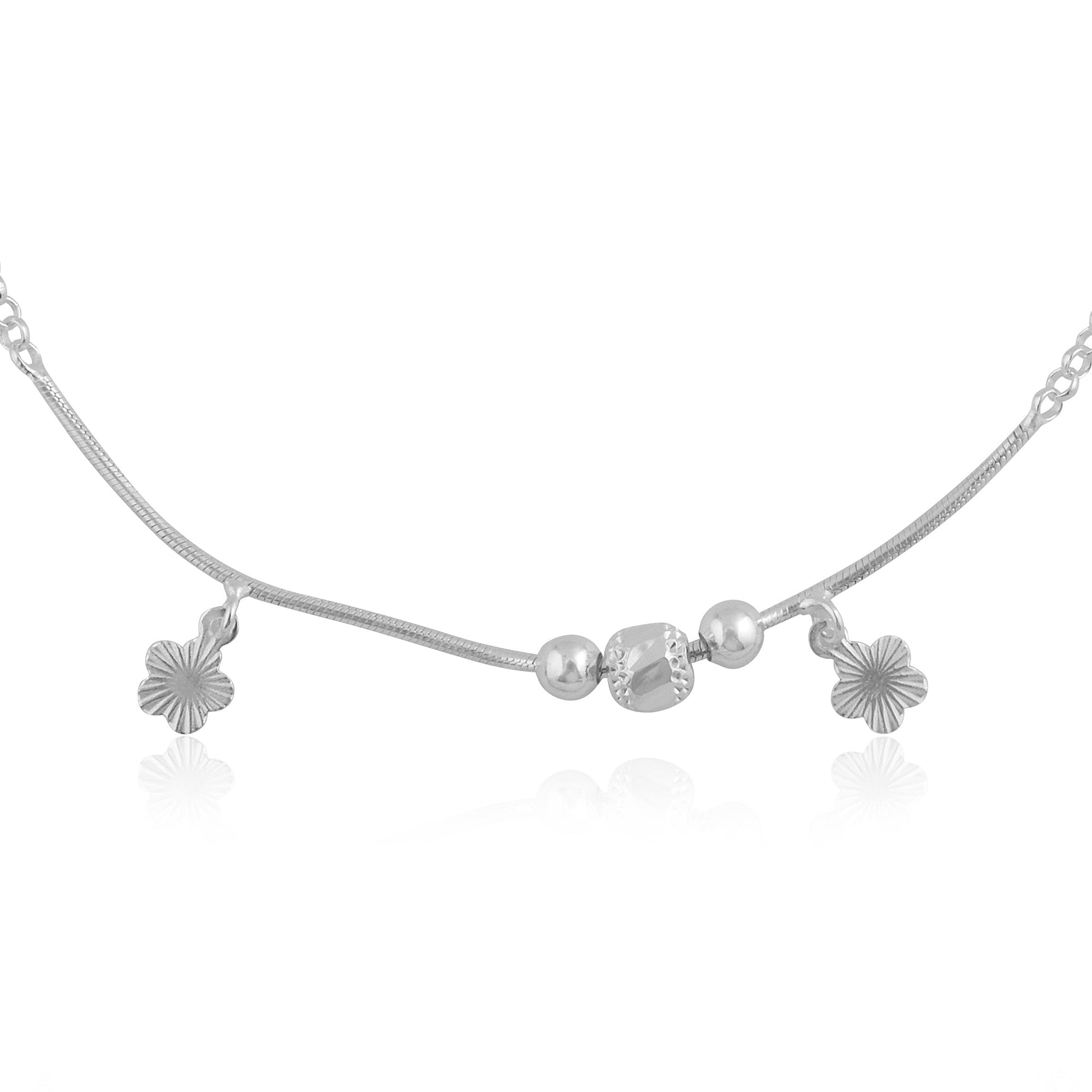 Flower And Ball Design Silver Anklet (Single)