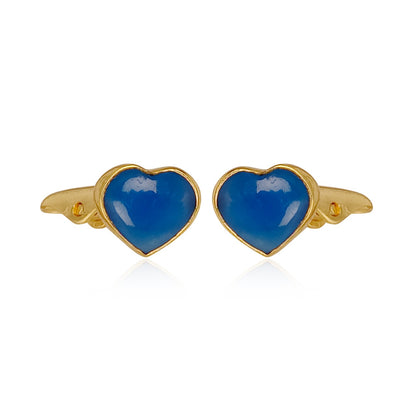 925 Sterling Silver 24kt Gold Plated Heart Shape Blue Chalcedony Stone Cufflinks For Mens