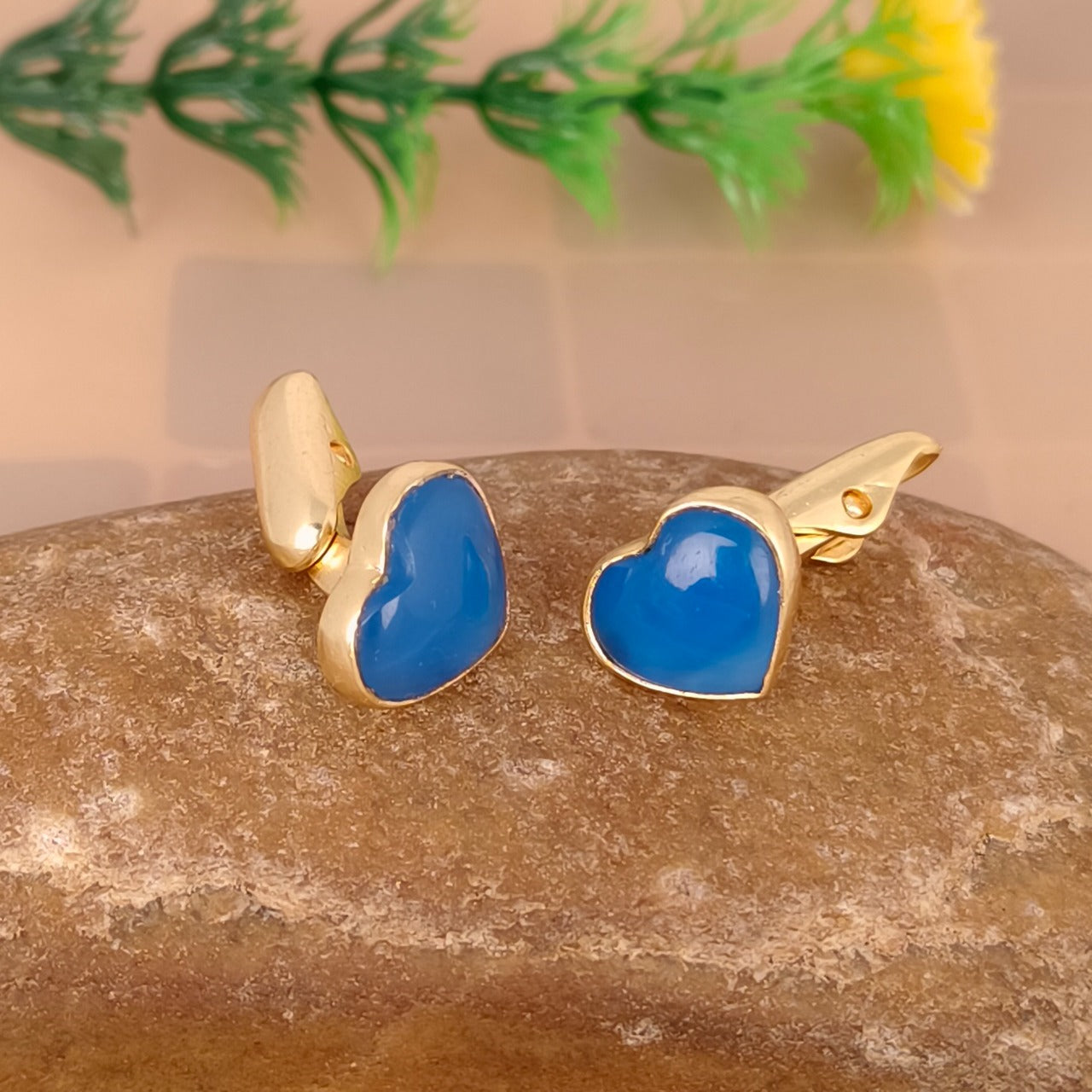 925 Sterling Silver 24kt Gold Plated Heart Shape Blue Chalcedony Stone Cufflinks For Mens