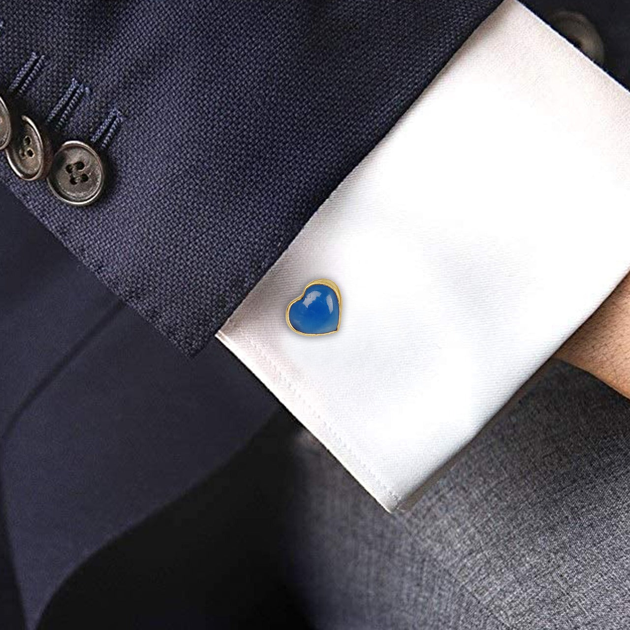 925 Sterling Silver 24kt Gold Plated Heart Shape Blue Chalcedony Stone Cufflinks For Mens