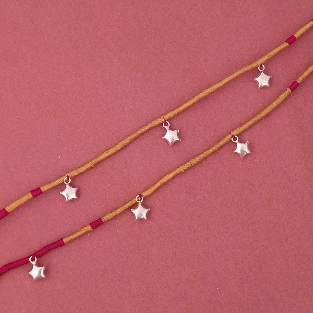 Silver 5 Hanging Star In Yellow Thread Anklet (Pair)