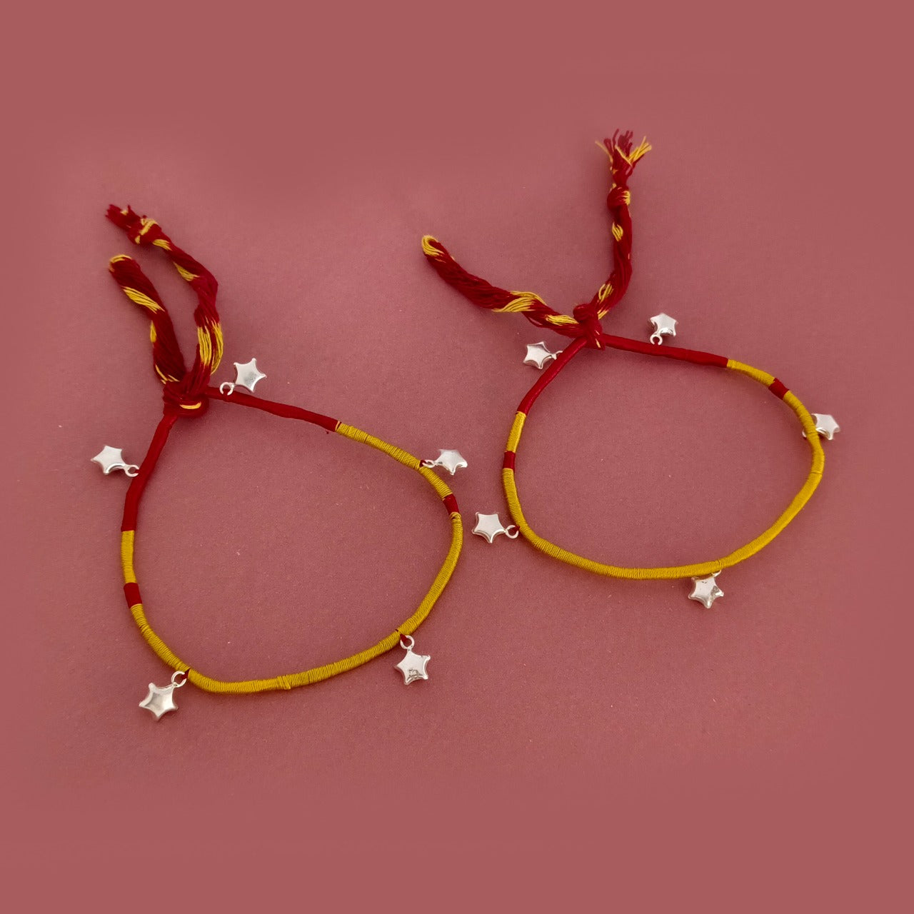 Silver 5 Hanging Star In Yellow Thread Anklet (Pair)