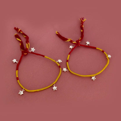 Silver 5 Hanging Star In Yellow Thread Anklet (Pair)