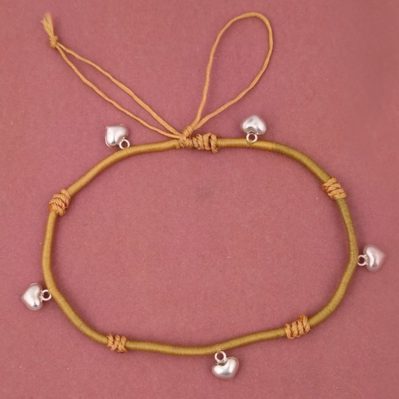 Silver Hanging Heart In Yellow Thread Anklet (Single)