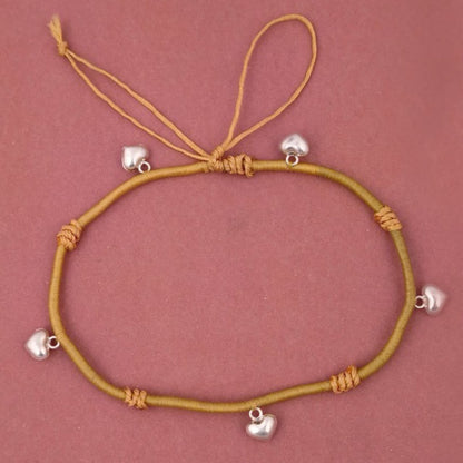 Silver Hanging Heart In Yellow Thread Anklet (Single)