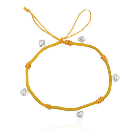 Silver Hanging Heart In Yellow Thread Anklet (Single)
