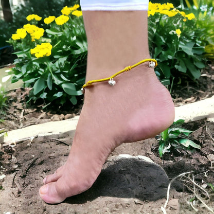 Silver Hanging Heart In Yellow Thread Anklet (Single)