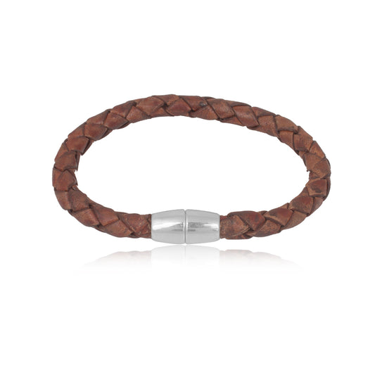 925 Sterling Silver Brown Rope Cord Original Leather Bracelet Wrist Band With Silver Magnetic Clasp For Girls and Women