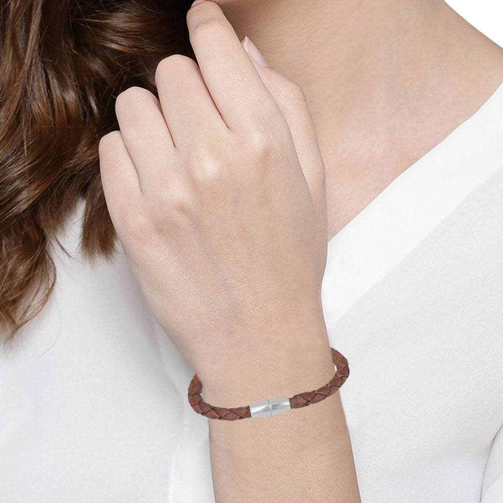 925 Sterling Silver Brown Rope Cord Original Leather Bracelet Wrist Band With Silver Magnetic Clasp For Girls and Women