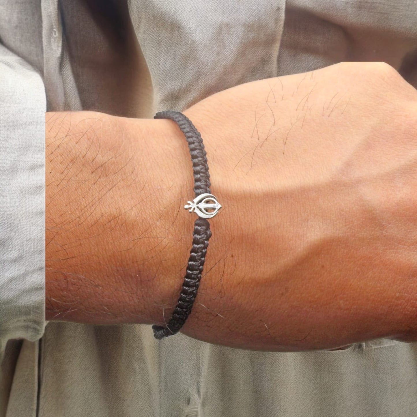 925 Sterling Silver Khanda Bracelet In Black Thread