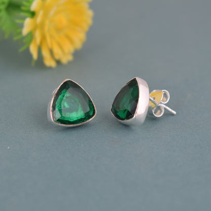 925 Sterling Silver Emerald Stone Triangle Shape Earring Studs For Girls And Women