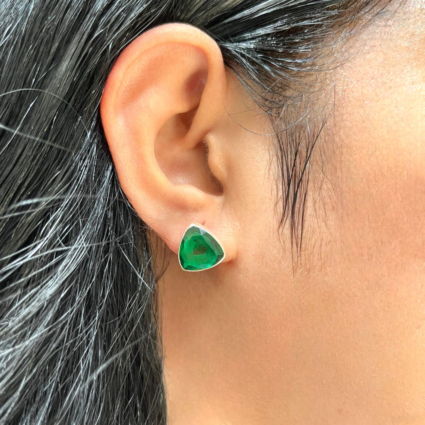 925 Sterling Silver Emerald Stone Triangle Shape Earring Studs For Girls And Women